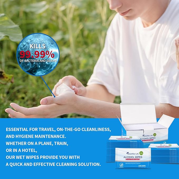 100 Count Individually Packed Hand Sanitizing Wipes - 75% Alcohol Formula with Aloe, Moisturizer, and Vitamin E - Premium Sanitizer for Travel, Home, Office, and School Use