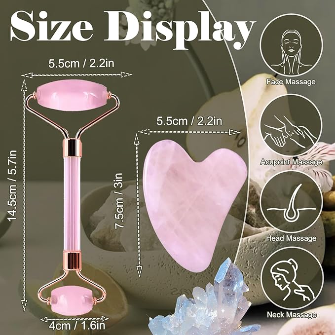 Jade roller and gua sha, facial roller, women's skincare tool, self-care gift, face, eye, neck massager, relieves fine lines and wrinkles, aventurine, opal, rose quartz