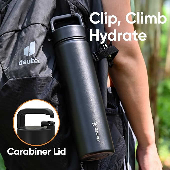 24 oz Insulated Water Bottle, 2-in-1 Lid, Straw & Spout with Protected, Leak Proof, Keep Cold, Stainless Steel, Metal, Reusable, Handle, for Travel, Gym and School, 2 Lids, Midnight Black