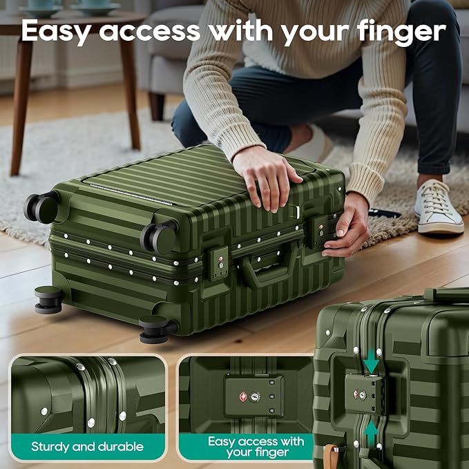 Joyway 20 Inch Carry on Luggage with Aluminium Frame and Front Pocket, PC Hardshell Suitcase with USB Port and Cup Holder, 21.5x14.2x9 Airline Approved Luggage with Spinner Wheel, TSA Lock(Dark Green)