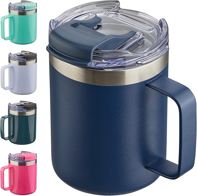 ALOUFEA 12oz Insulated Coffee Mug Cup with Handle, Stainless Steel Travel Coffee Mug with Flip Lid, Double Wall Vacuum Coffee Tumbler, Navy