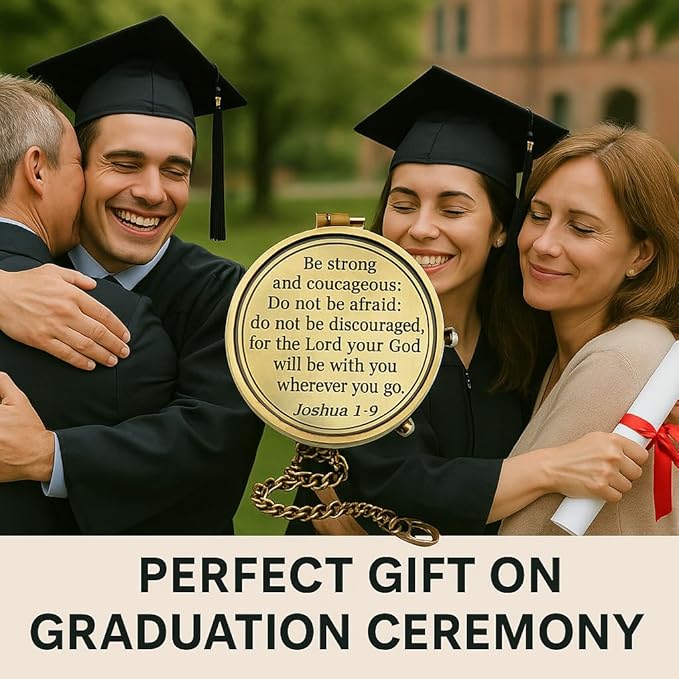 Be Strong and Courageous Compass – Antique Nautical Magnetic Compass with Engraved Scripture Quote – Baptism Gift with Wooden Box for Son, Father, Husband, Loved One