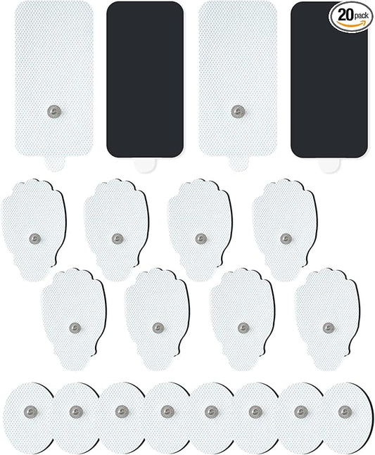 20 Pack TENS Unit Electrodes Pads, Reusable Self-Adhesive Latex-Free Non-Irritating Replacement Patches for TENS Massager with Standard 3.5mm Snap-on Connector, Compatible with Belifu, Brilnurse TENS