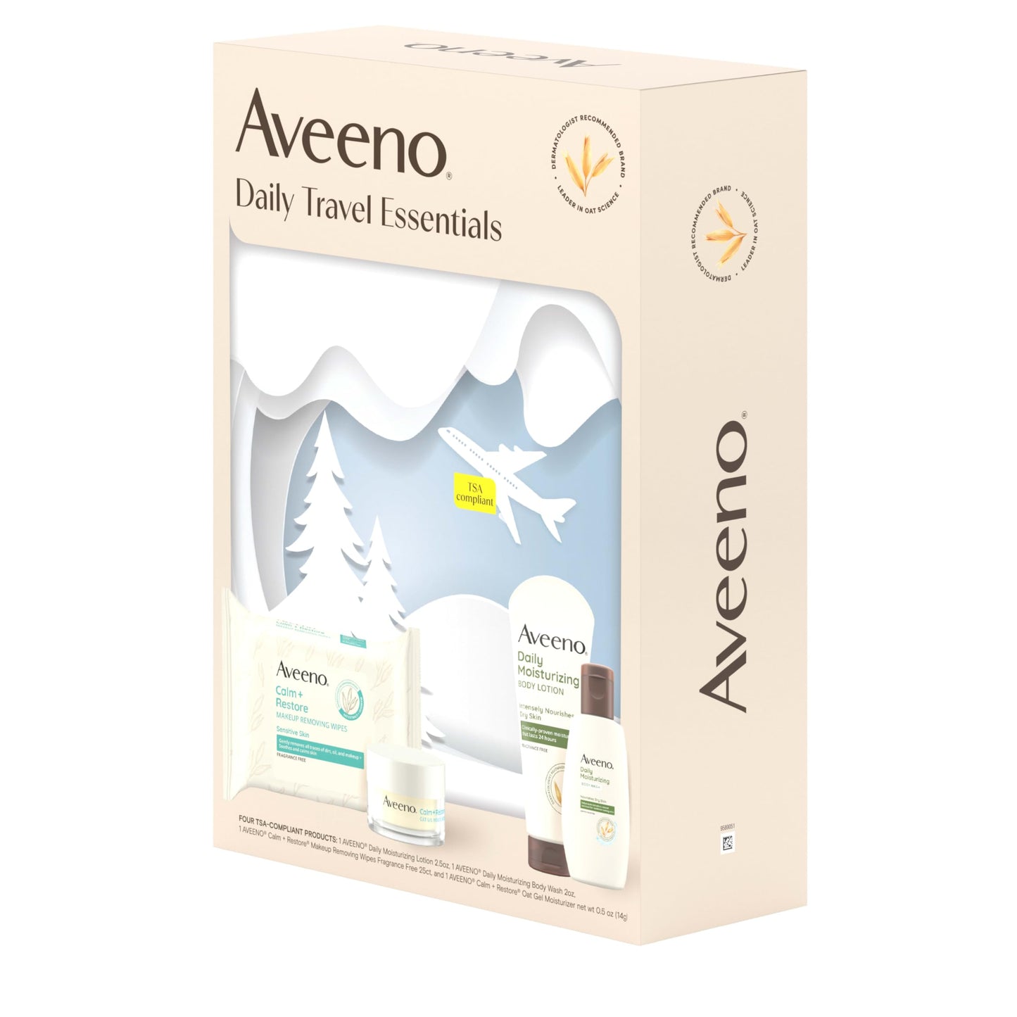 Aveeno Daily Travel Essentials Gift Set with Daily Moisturizing Lotion, Daily Moisturizing Body Wash, Calm + Restore Makeup Removing Wipes, & Calm + Restore Oat Gel Moisturizer, 4 items
