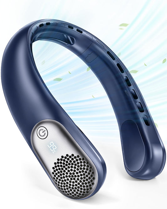 wegte Portable Neck Fan Rechargeable, 3 Speed Settings, Wearable Bladeless Neck Fan, 360°Personal Fan Neck Cooler with 4000mAh Battery,Twistable Lightweight and Quiet–Birthday Gift for Women-Blue