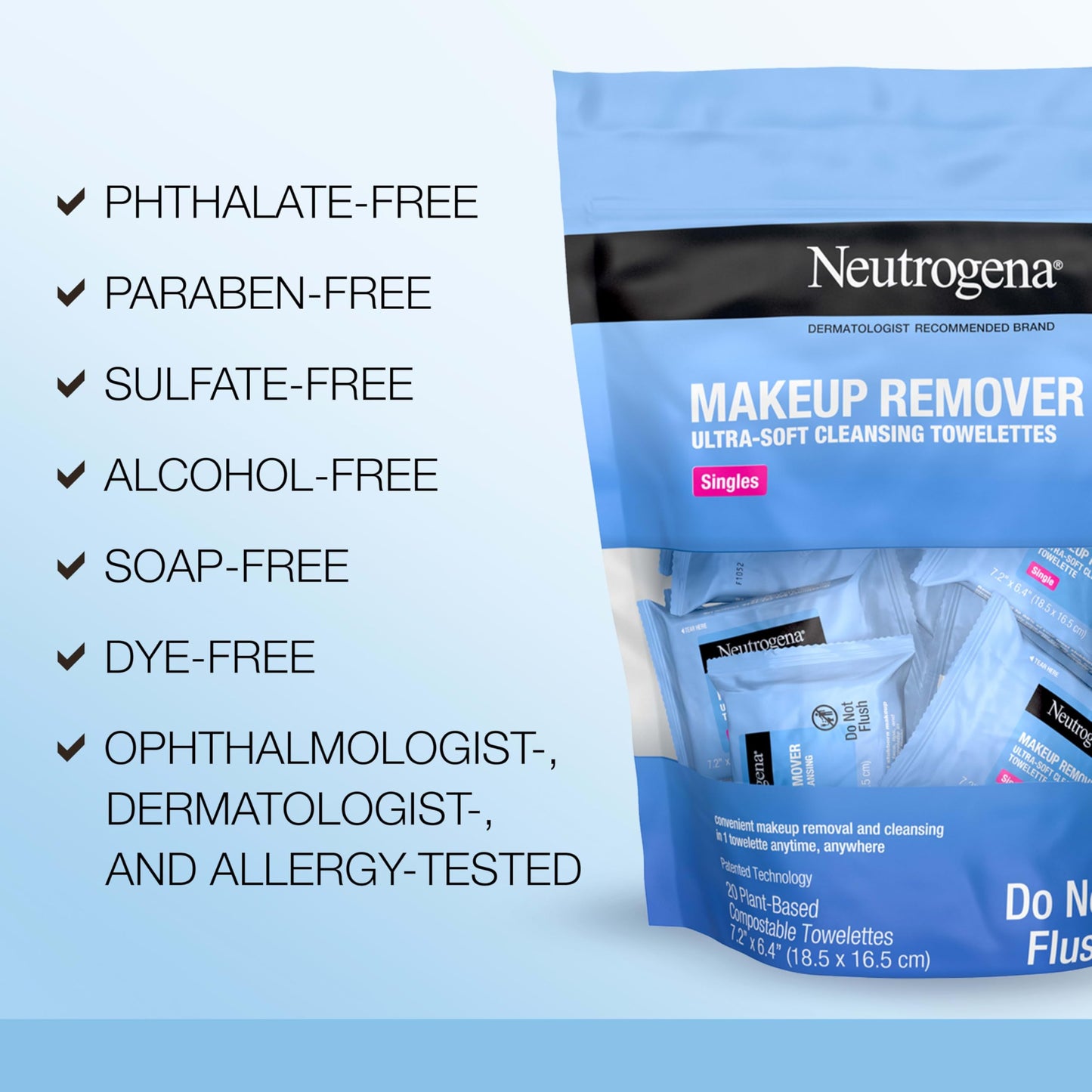 Neutrogena Makeup Remover Wipes Singles, Individually Wrapped, Daily Facial Cleanser Towelettes, Gently Removes Oil & Makeup, Alcohol-Free, 20 ct