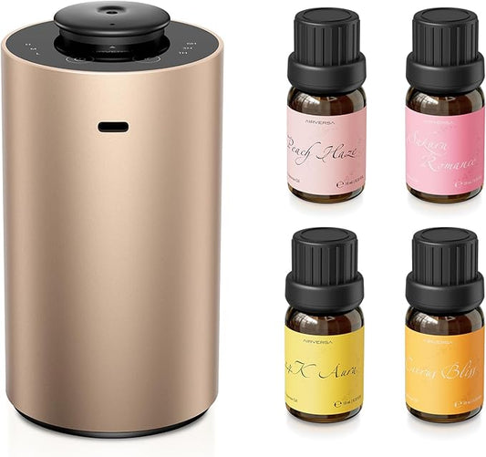 Waterless Essential Oil Diffuser Starter Kit with 4 x 10mL Fragrance Scent Oil, Battery Operated Mini Scent Air Machine Portable Diffuser for Home Car Office, ANX Titanium Kit01