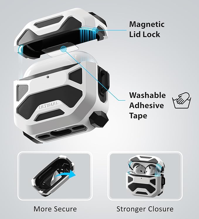 Compatible with AirPods 4 Case, Rugged TPU Double-Layer Cover, Powerful Shockproof Full Protection with Lanyard, Reinforced Magnetic Lid Lock for AirPods 4th Generation case(Black+White)