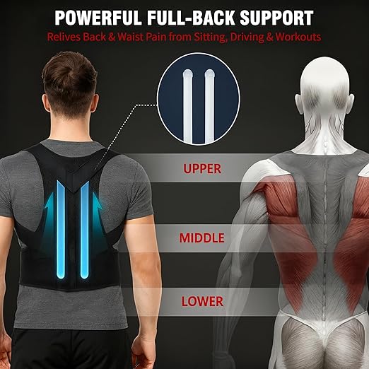 Back Brace Support Posture Corrector for Men – Full Back Support for Upper, Mid & Lower Back Pain Relief, Ergonomic 3-in-1 System Improves Posture & Helps with Slouching, Rounded Shoulders (1, X-Large)