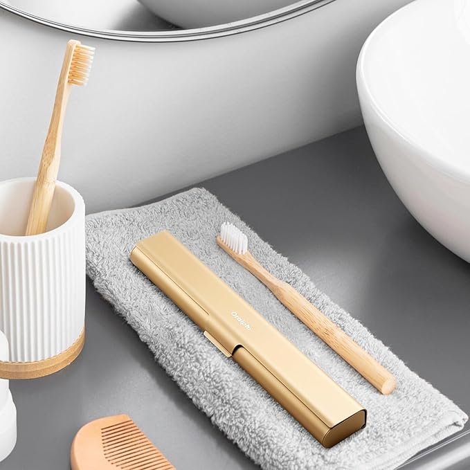 Aluminum Toothbrush Travel Case, Portable Travel Toothbrush Holder, Durable Manual Toothbrush Box Container for Traveling, Bathroom, Camping, Business Trip-Gold