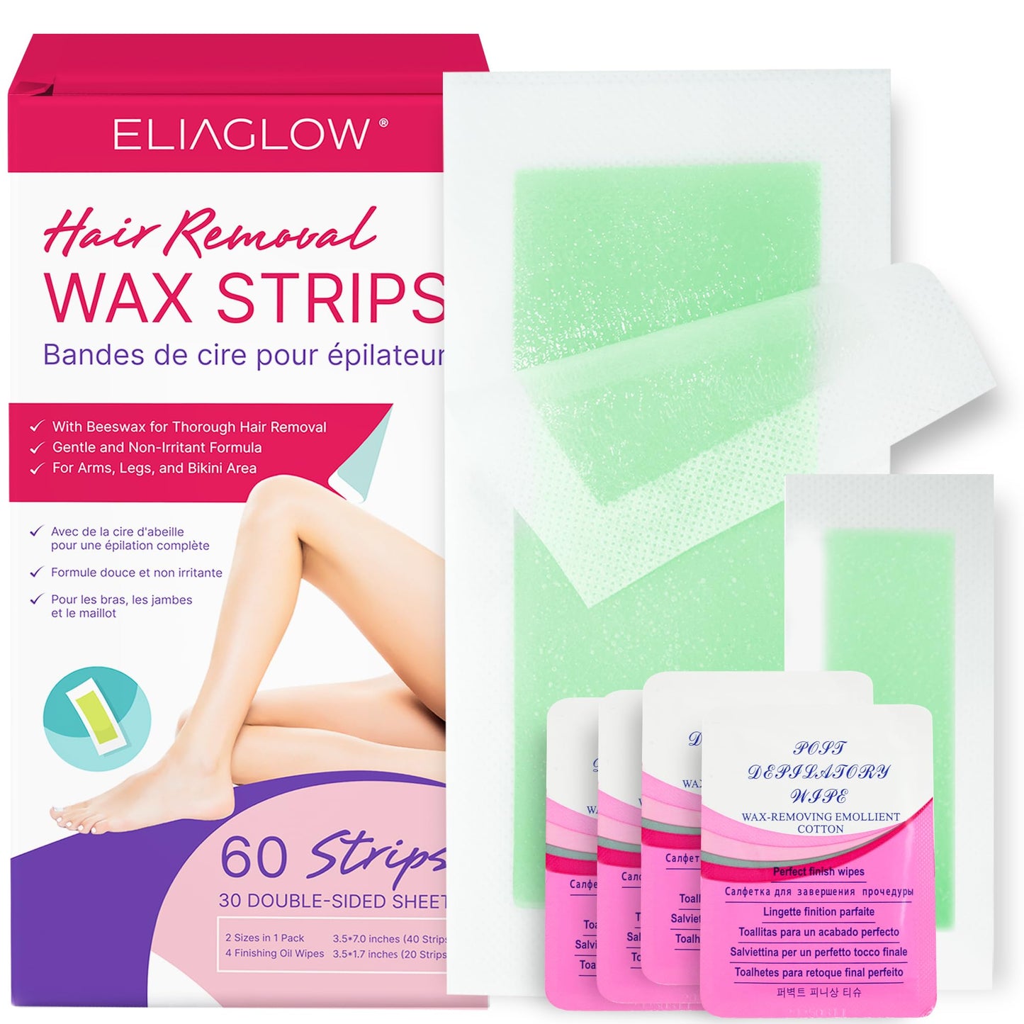 Wax Strips Hair Removal for Women: Waxing Kit with 60 Pcs Body Waxing Strips Dual Sides & 4 Calming Oil Wipe For Face, Bikini, Legs, Lip, Brazilian Wax Kit At Home, Hypoallergenic All Skin Type