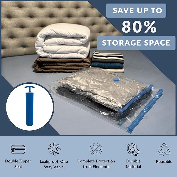 8 Mega Jumbo XXL Vacuum Storage Bags with Pump, Supersized Compression Space Saver for Comforter, duvet, Bedding, Blanket storage, Vacuum Seal Bags for Clothing, Durable Safe Poly Material