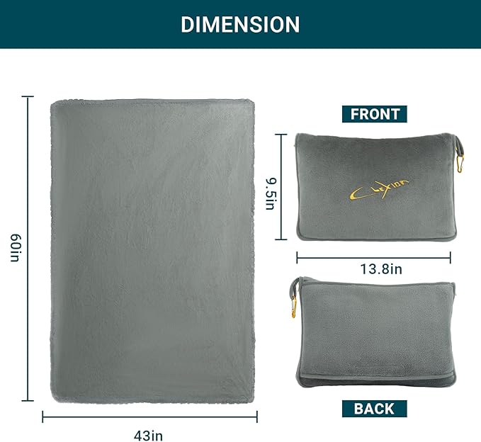 Travel Blanket & Pillow Set, 300 GSM Soft Fleece, 60x43 Inches, 3-in-1 Airplane Blanket, Travel Pillow and Blanket Set, Travel Blanket Airplane Compact with Bag, Travel Essentials, Grey