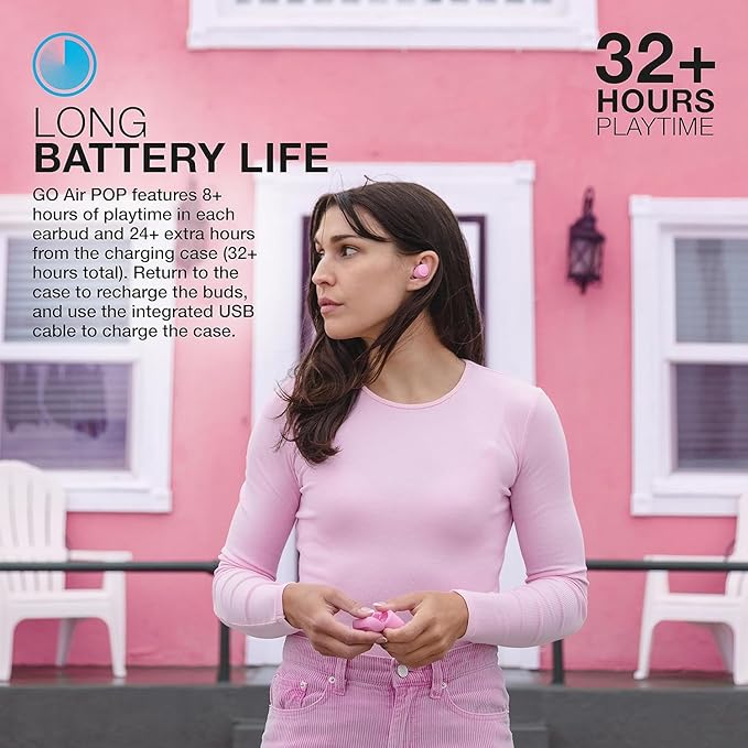 JLab Go Air Pop+ True Wireless Earbuds, in Ear Headphones, Bluetooth Earphones, 35H Playtime Ear Buds, Bluetooth Earbuds with Microphone, USB-C Charging Case, Dual Connect, EQ3 Sound, Pink