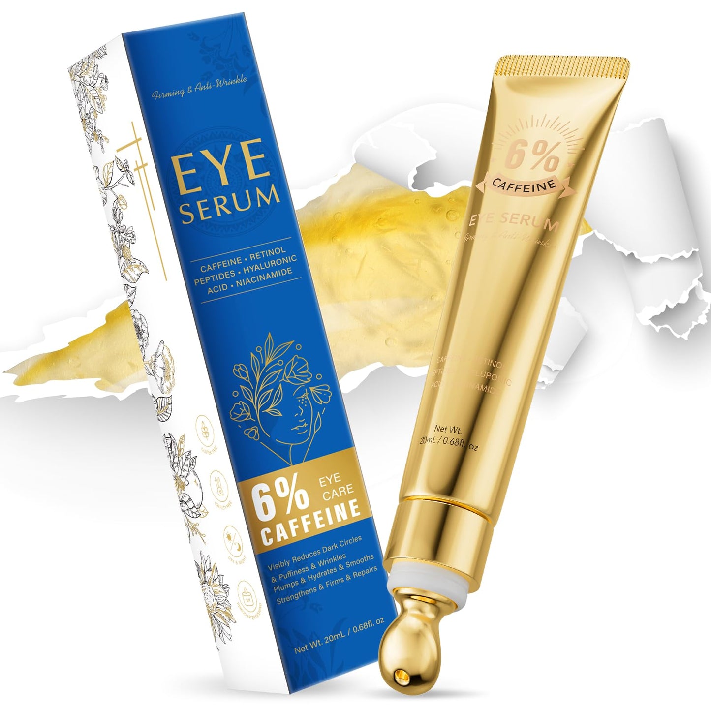 6% Caffeine Eye Cream for Dark Circles - Rapid Wrinkle Repair, 1% Retinol Eye Serum for Under Eyes Bags, Anti-Aging Eyes for Men and Women 0.68 fl. oz