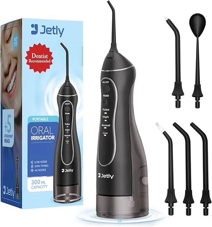 JETLY Water Dental Flosser Teeth Pick Cleaner: Travel Cordless Oral Irrigator 300ML Capacity Portable Rechargeable IPX7 Waterproof Electric Flossing Machine for Teeth Cleaning (Black)