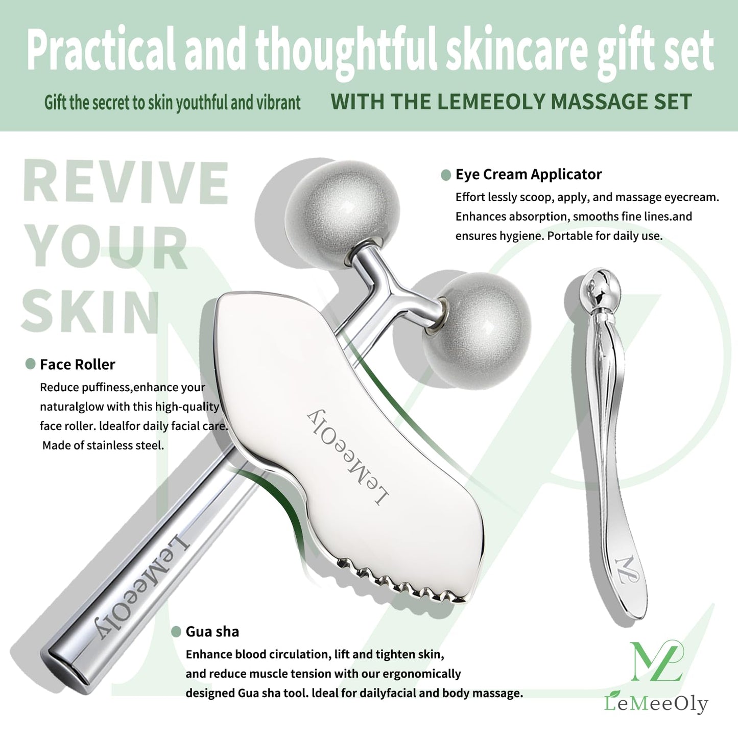 LeMeeOly Face Roller Massager Skin & Gua Sha Facial Tools Stainless Steel, Facial Massage Skin Care for Face Neck Body, Reduce Puffiness Remove Wrinkles, Valentines Gift for Women