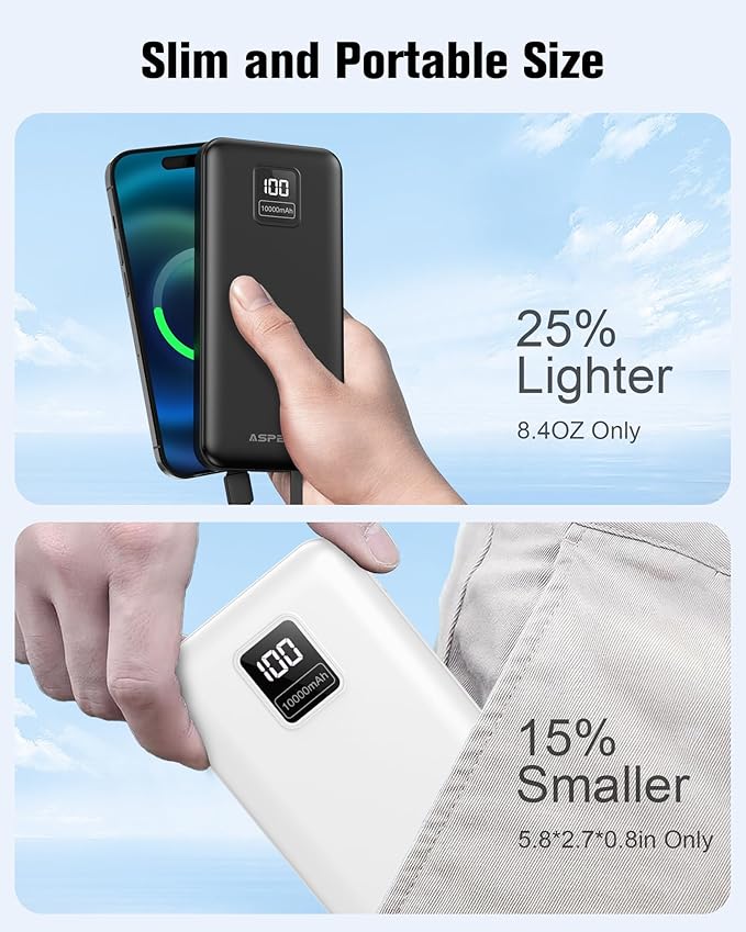 AsperX 2-Pack 10000mAh Portable Charger, USB C Power Bank Fast Charging with Built-in Cables, LED Display External Battery Pack for iPhone, Android, Google LG and Heated Vest
