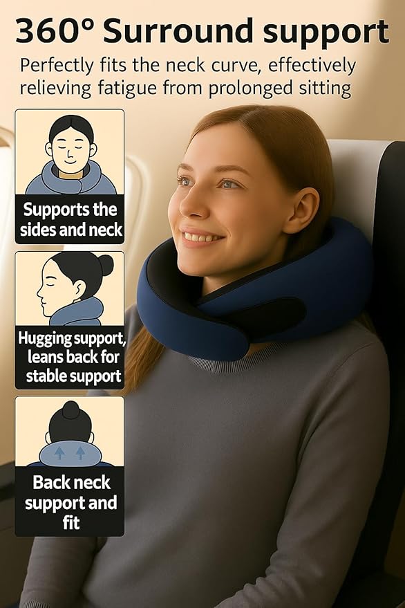 Travel Pillow, Travel Pillows for Airplanes, 100% Pure Memory Foam Travel Neck Pillow with Eye Mask & Ear Plugs, Comfort and Ergonomic Design, Ideal for Airplanes, Cars and Offices