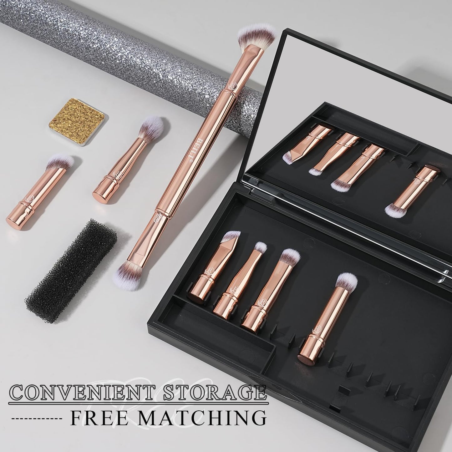 BEILI Travel Eye Makeup Brushes Set 8pcs Removable Double Sided Makeup Brush with Mirror Box & Removal Cleaner Sponge (Rose Gold)