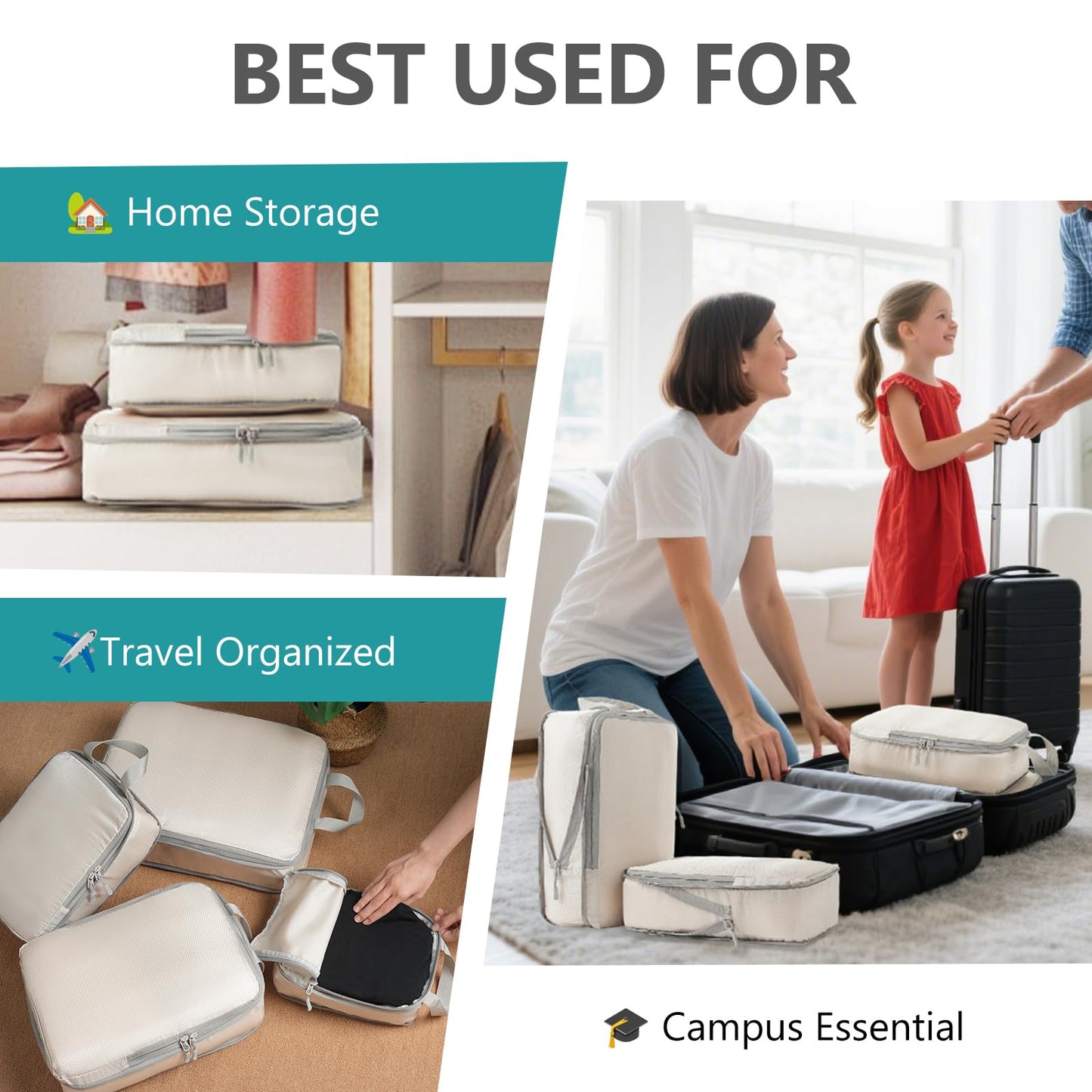 Compression Packing Cubes for Travel, 4 Set Suitcase Organizer Bags for Luggage, Lightweight Luggage Organizer Bags, Travel Cubes for Carry on, Off-White