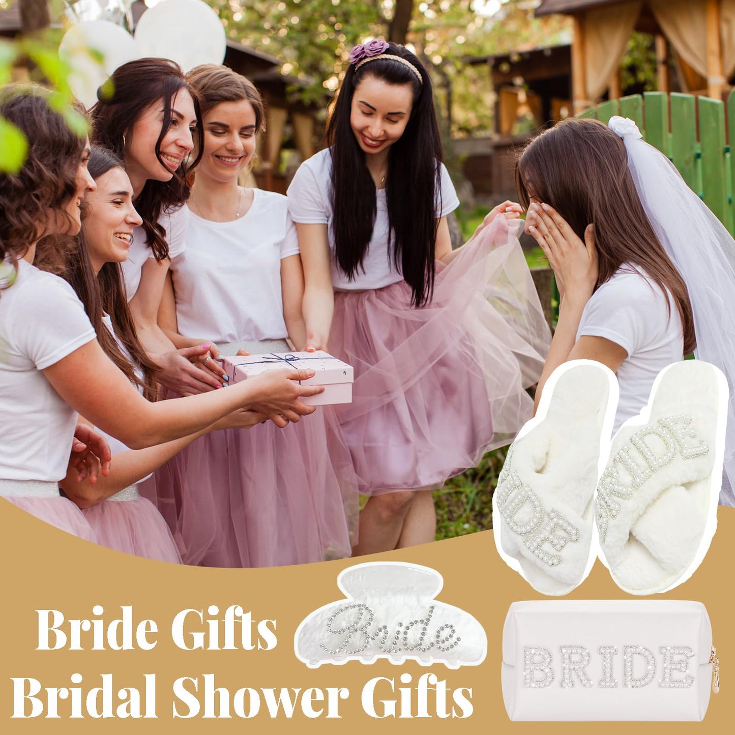 Kovewon Bridal Shower Gifts, Bride to Be Letter Makeup Bag with Pearl Rhinestone Fuzzy Bride Slippers, Hair Clip Wedding Engagement Gifts for Her, Bachelorette gifts