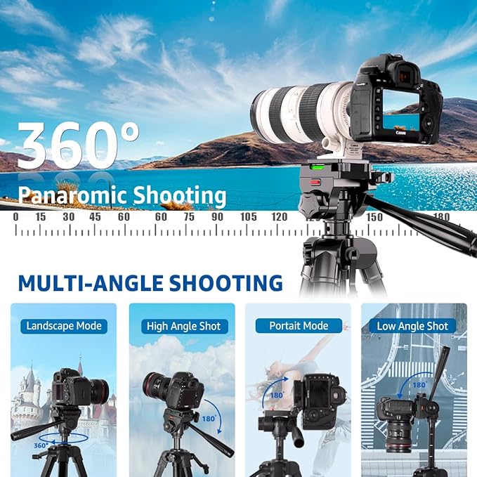 Camera Tripod, 74" DSLR Camera Tripod with 2 QR Plates for Sony/Nikon/Canon, Lightweight Video Tripod Stand for Travelling, Phone Tripod with Fluid Head/Phone Holder/Wireless Remote Max.Load 6kg