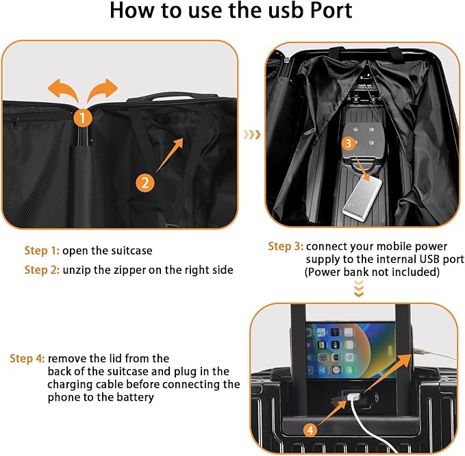 20 Inch Carry On Luggage With Cup Holder & USB Port, Airline Approved TSA-locked Luggage, Lightweight PC Material Travel Suitcase With 360° Spinner Wheel (20in-Black, 20in)