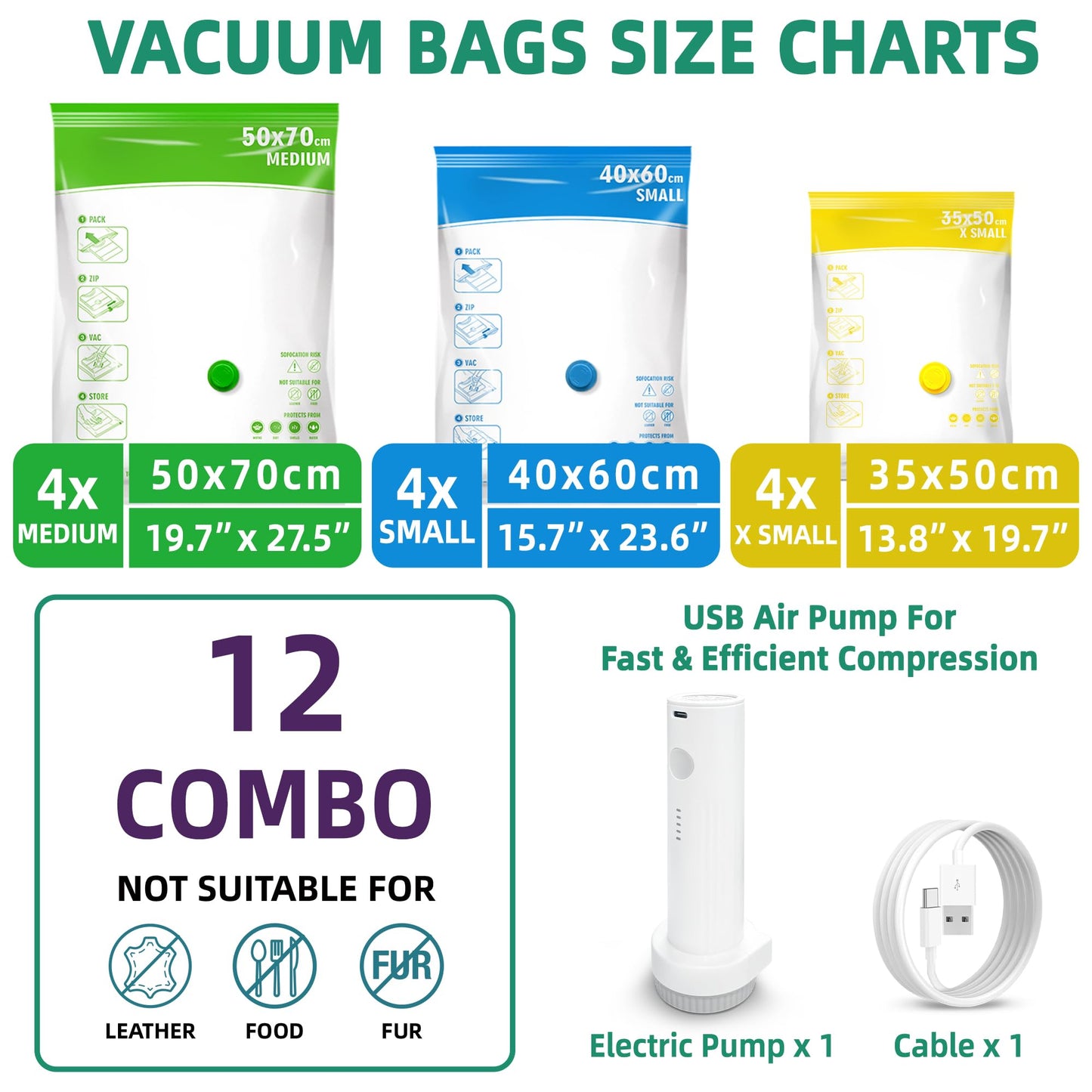 Travel Vacuum Storage Bags with Portable Electric Pump, 12 Pack Travel Vacuum Bags for Clothes, Vacuum Seal Compression Bags for Luggage and Suitcase