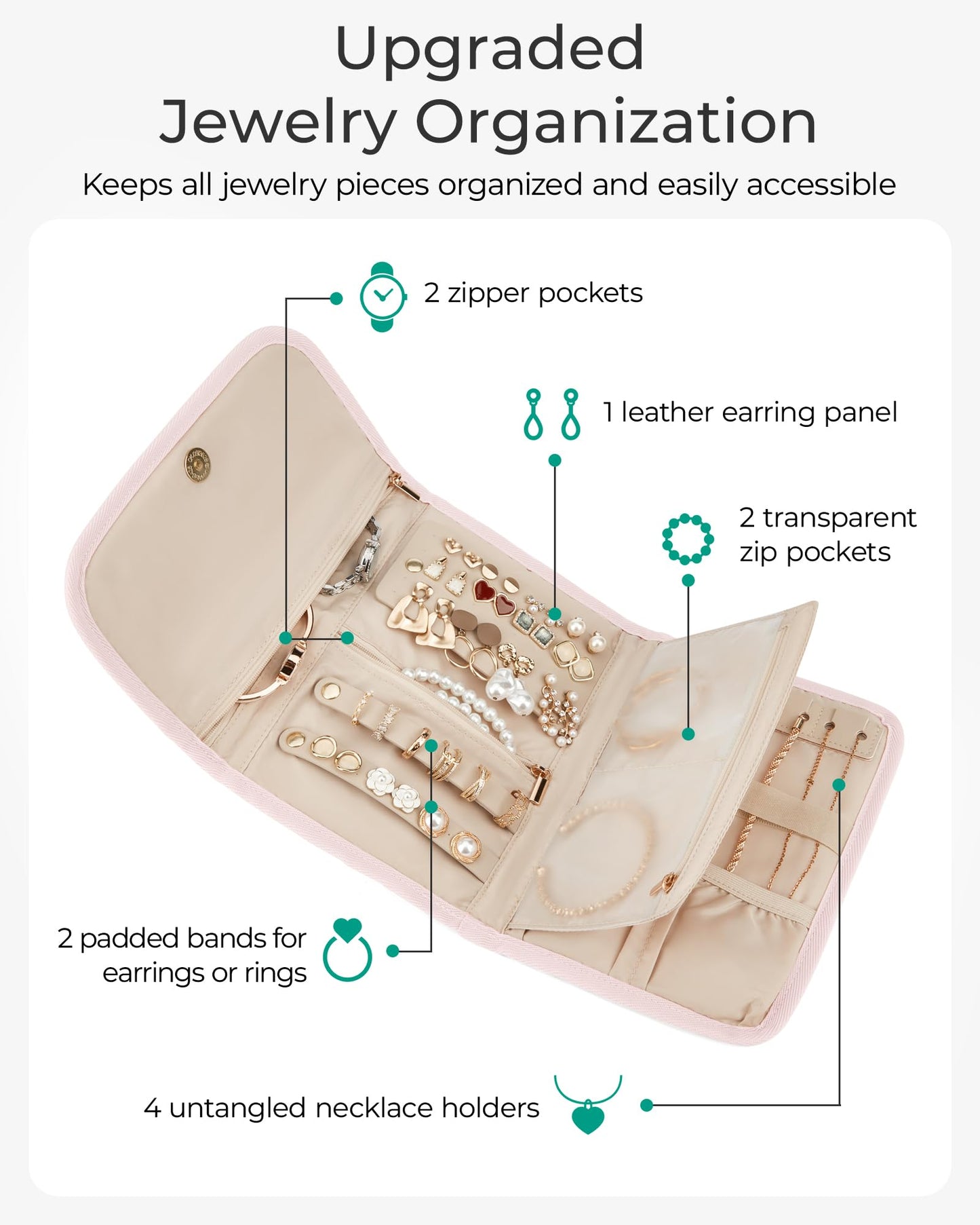 BAGSMART Travel Jewelry Organizer Case, Foldable Jewelry Roll for Necklaces, Earrings, Journey-Rings, Bracelets, Brooches, Portable, Pink