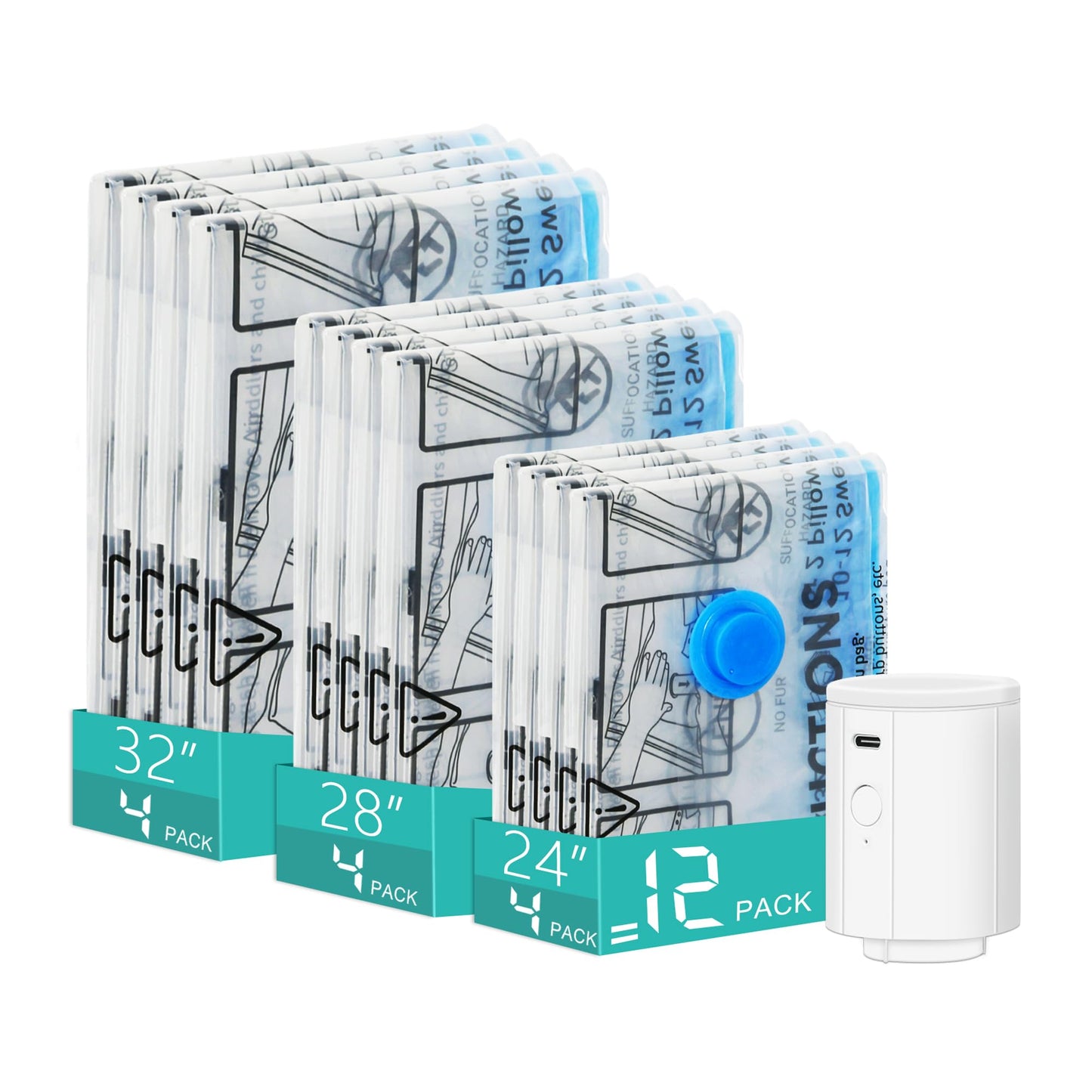 ZOESTORAGE 12 Pack Travel Vacuum Storage Bags with Portable Electric Pump, Vacuum Seal Space Saver Bags for Clothing, Compression Vacuum Bags for Travel Luggage Blankets(4 Large, 4 Medium, 4 Small)