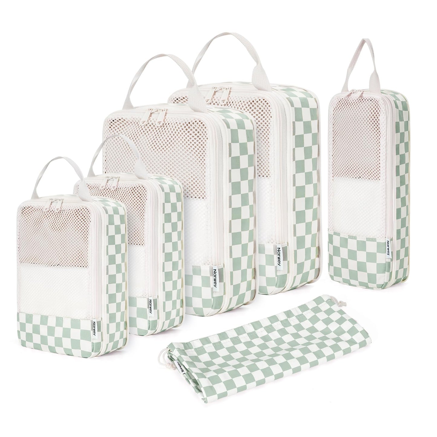 Narwey 6 Set Checkered Compression Packing Cubes for Travel Women Kids Carry on, Cute Packing Organizers Bag for Luggage Suitcase Backpack Duffle Bags (Mint Green Checkerboard)