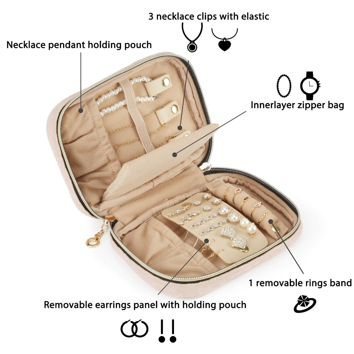 BAGSMART Travel Jewelry Organizer Case Small Jewelry Roll for Journey-Rings, Necklaces, Earrings, Bracelets, Soft Pink