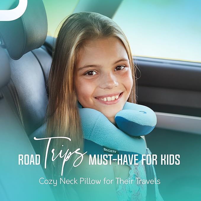 BCOZZY Kids Travel Neck Pillow (8-12 Y/O) – Patented Soft Child Pillow for Head & Chin Support in Car, Airplane, and Road Trip Sleeping. Adjustable Size. Carry Bag. Fully Washable. Medium, Light Blue