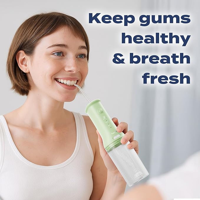 7AM2M Portable Water Flosser Cordless, Water Flosser for Teeth with 3 Modes and 2 Jet Tips, USB C Rechargeable, IPX7 Waterproof, Dental Water Flosser for Travel and Home Use (Green)