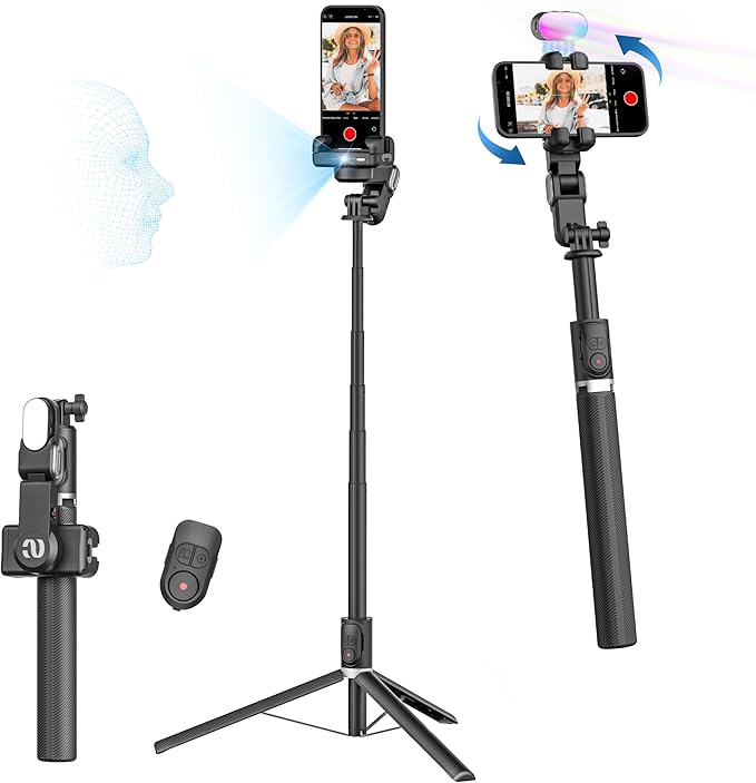 Auto Face Tracking Tripod 360 Rotation w/Stand,Selfie Stick Tripod for iPhone Android w/RGB Light,Remote Control,Phone Stand Follow You for Video Recording for TikTok Vlogging(M2Pro Black)