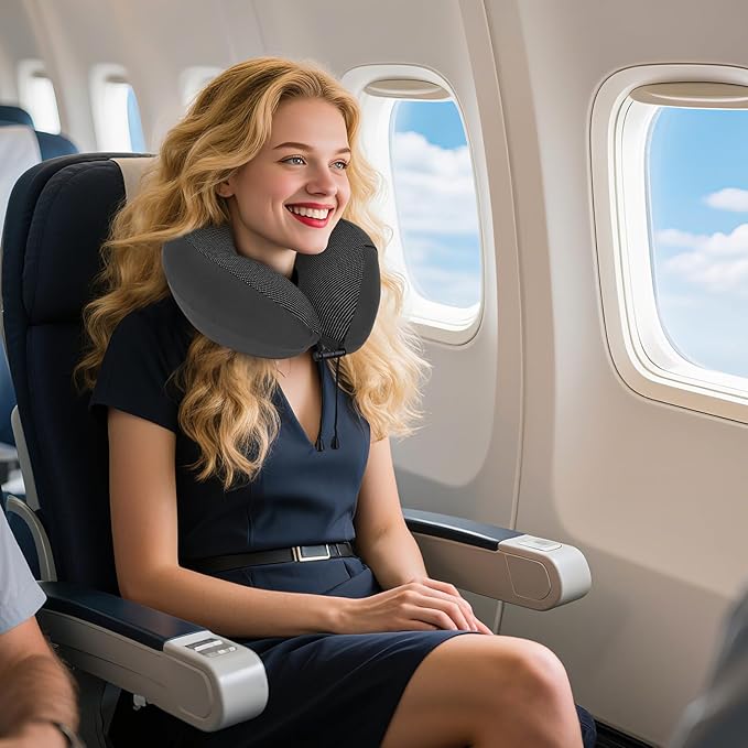 Travel Pillow Memory Foam Neck Pillow for Airplane Washable Silk Cover Ergonomic Neck Support Pillow with Storage Box
