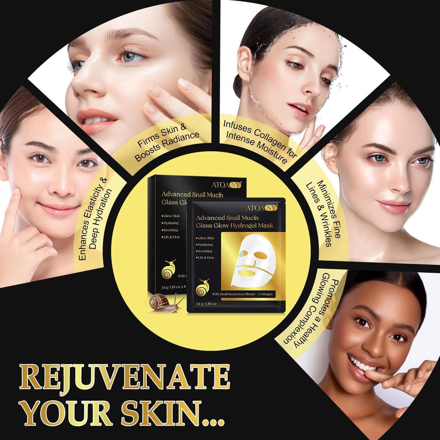 ITSDAWN 6 Pack Advanced Snail Mucin Glass Glow Face Masks, Collagen Face Mask, Hydrating Overnight Hydrogel Mask for All Skin Types