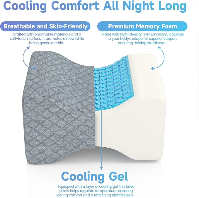 CloudBliss Knee Pillow for Side Sleepers - Cooling Leg Pillow for Side Sleeping, Memory Foam Knee Pillow for Hip Pain, Lower Back Pain, Sciatica Pain, Knee Wedge Pillow with Contour Design,Grey