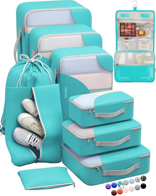ALL INCLUDED 10 Set Durable Packing Cubes for Suitcases,OlarHike Essentials for Travel, UPGRADED Anti-Tear Stitching, NEW Improved Luggage Packing Organizers for Travel Accessories (Turquoise)