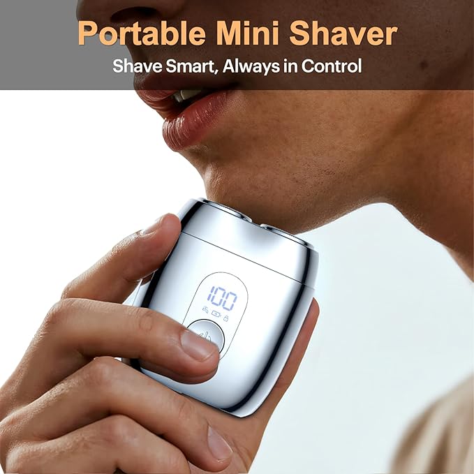All-Metal Mini Electric Shaver for Men – Portable Travel Razor with Mirror Cap, Smooth & Close Shave, LED Display, USB-C Fast Charge, Wet/Dry Waterproof – RX40 Silver