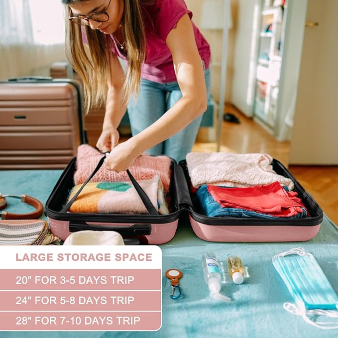 Kono 4 Piece Luggage Sets Expandable(only 28") Lightweight with Spinner Wheels TSA Lock Hardside Travel Rolling Suitcases 20in 24in 28in Carry on and 12in Mini Cosmetic Case Nude/Rose Pink