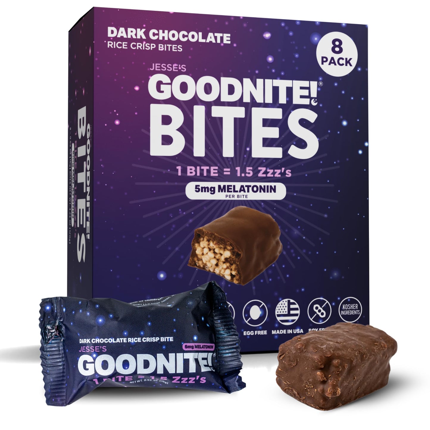 GOODNITE! Sleep Bites – Proprietary Blend with 5mg Melatonin & L-Theanine – Vegan, Gluten-Free, Kosher – Dark Chocolate Protein Snack for Restful Sleep – 8 Pack