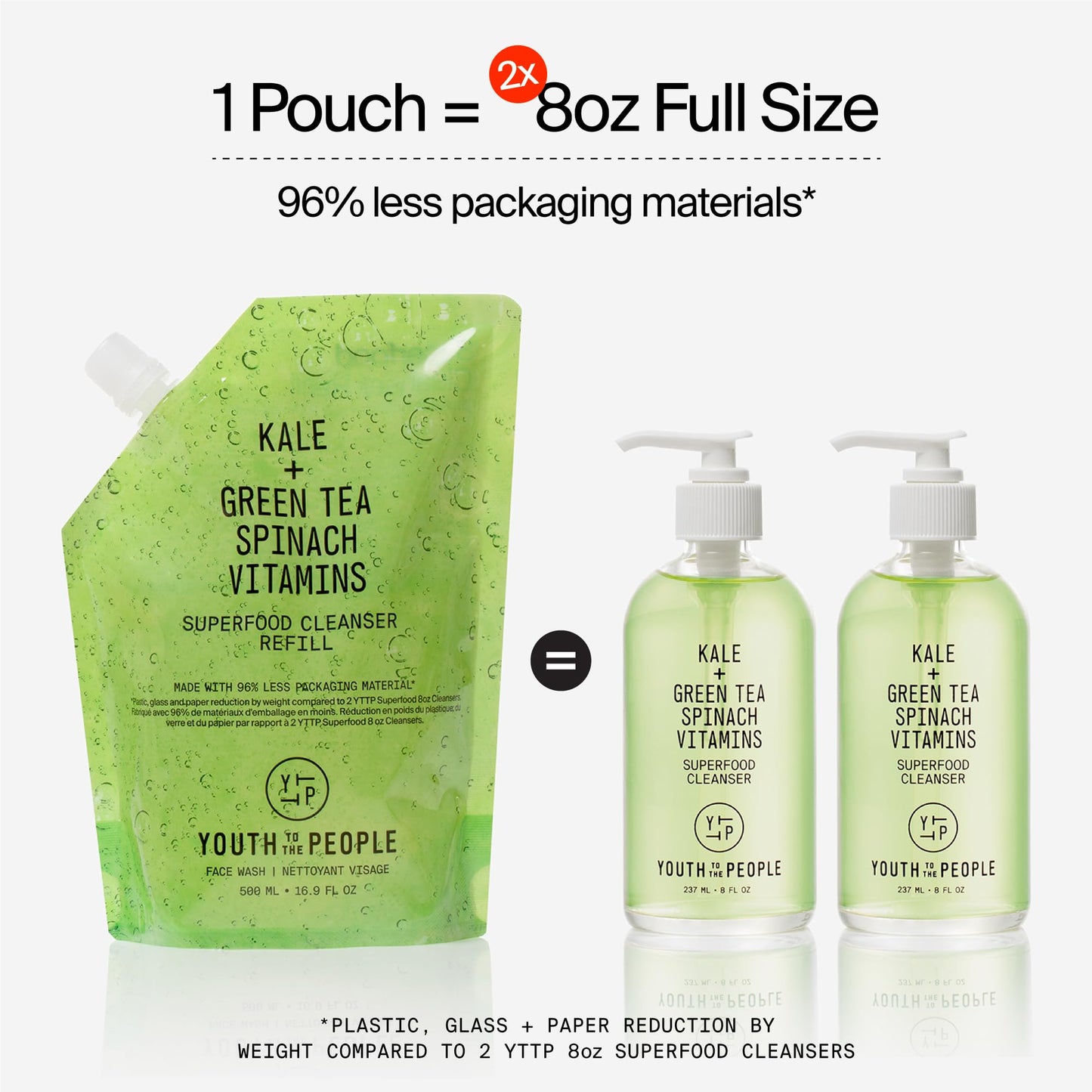 Youth To The People Superfood Cleanser Travel Refill Bundle Set, Kale + Green Tea Face Cleanser (2oz) + (16oz Refill Pouch), Award-Winning Face Wash, Makeup Remover, All Skin Types