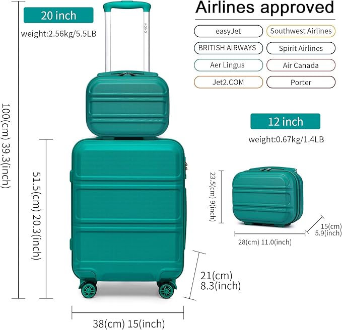 Kono Carry On Luggage Set Lightweight Airline Approved Carry On Suitcase with TSA Lock Spinner Wheels Durable Luggage Hardside Turquoise