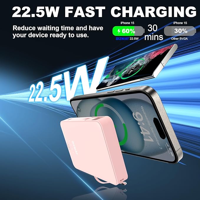 Power Bank,Pink Portable Charger w/Type C Charger Fast Charging & Built in USB C Cable,10000mAh 4 Outputs Battery Pack Clutch Charger for Apple iPhone17-11,Galaxy,Birthday Gifts for Women