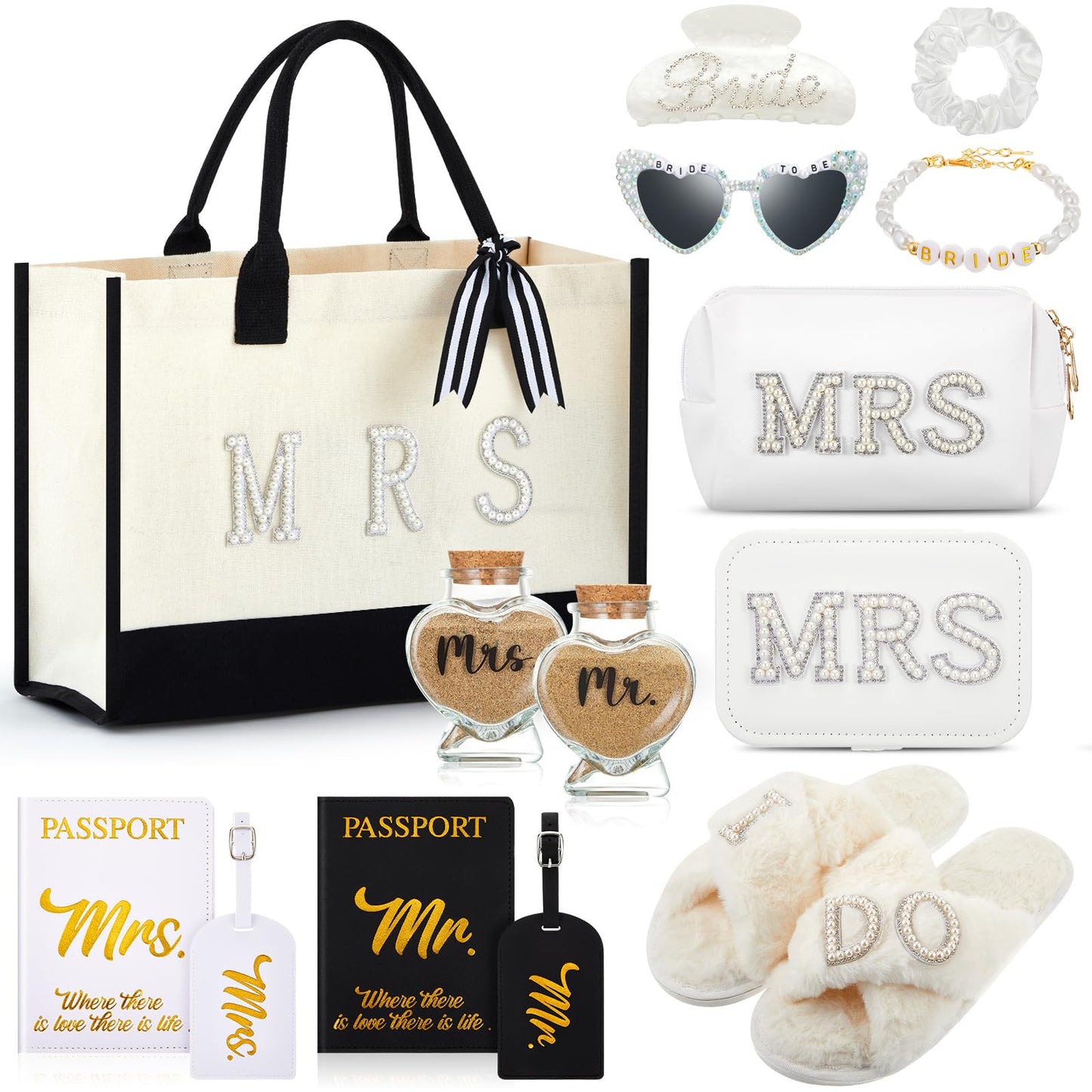 Dansydaisy 14 Pcs Bridal Shower Gifts Set Including Mrs Mr Travel Passport Tag Tote Cosmetic Bag Jewelry Box Claw Hair Clip Hair Tie Heart Sunglasses for Honeymoon Wedding Supplies(Women 7-8)