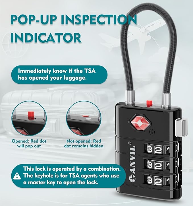 ANVIL TSA Approved Luggage Locks – High Security TSA008 Combination Travel Locks with Inspection Indicator for Suitcases and Backpacks. (4, Black)
