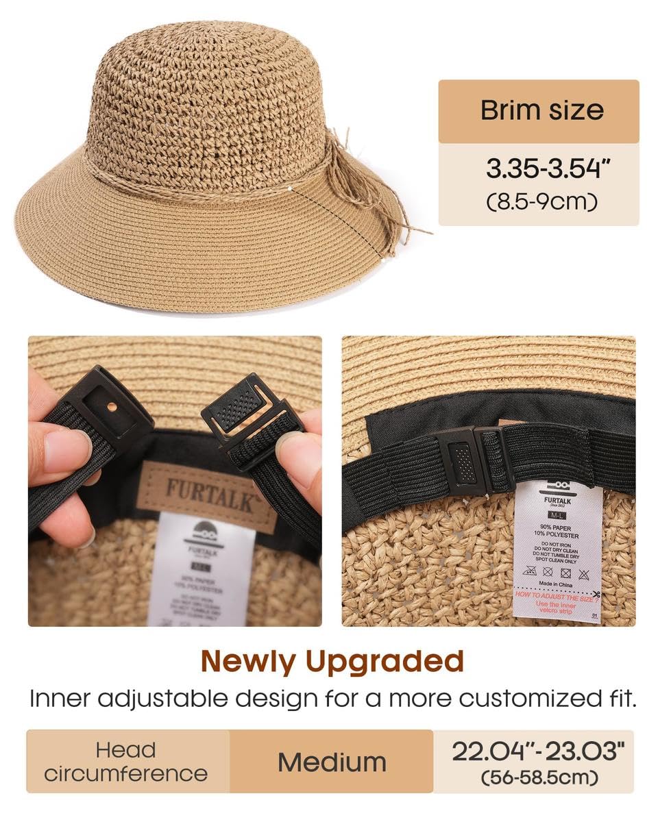 FURTALK Womens Summer Straw Beach Sun Hat Wide Brim Handmade Crochet Hats Khaki, Medium