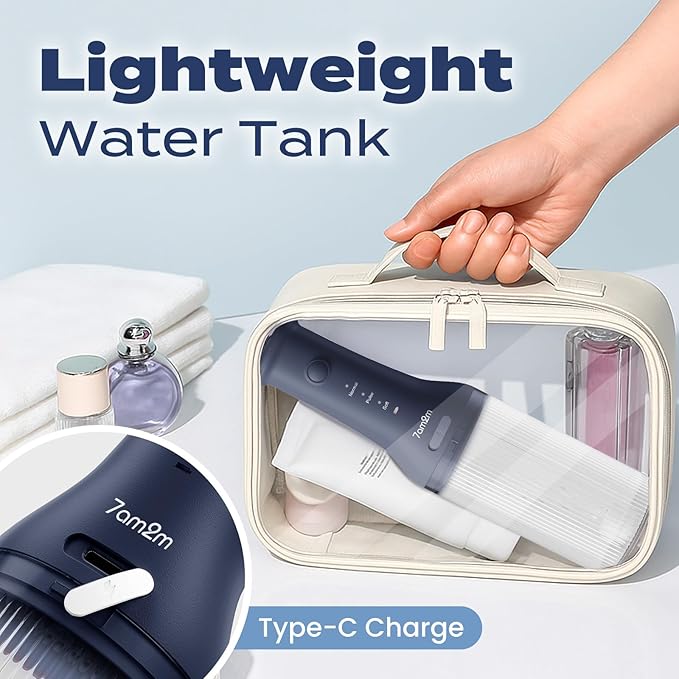 7AM2M Portable Water Flosser Cordless, Water Flosser for Teeth with 3 Modes and 2 Jet Tips, USB C Rechargeable, IPX7 Waterproof, Dental Water Flosser for Travel and Home Use (Navy Blue)